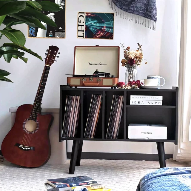 Alt view image 7 of 7 - Record Player Stand with Vinyl Storage Holds Up to 300lb, Large Record Player Table Cabinet for Album Storage with Holder Vinyl Display Shelf, Wood Turntable Stand for Bedroom Living Room (Black)
