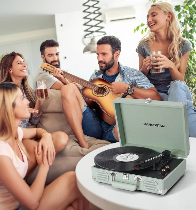 Alt view image 2 of 7 - Vintage Bluetooth Record Player, 3-Speed Belt Drive, Green Classic vintage style with belt-driven performance, Bluetooth, stereo speakers, AUX-in, RCA output and headphone jack