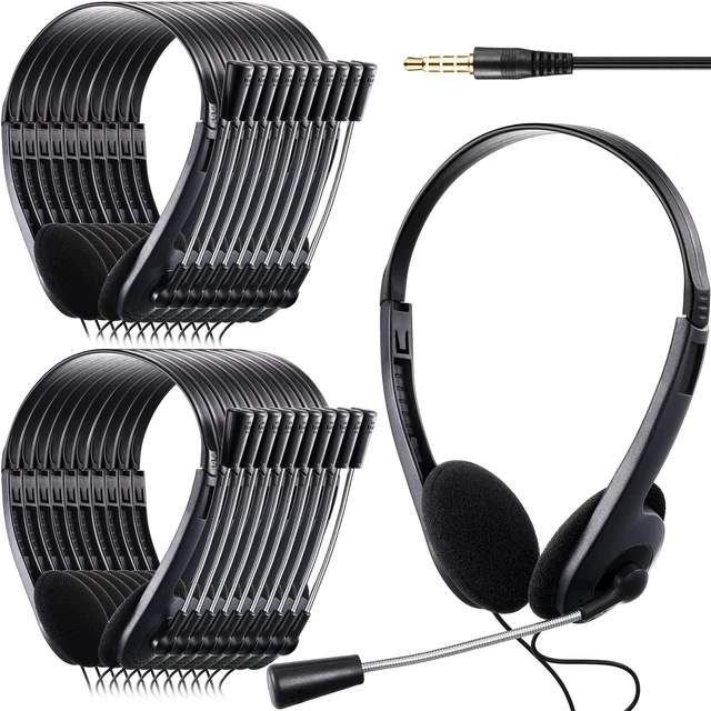 Main image of 30 Pack Classroom Headphones with Mic, Black, Metal Stem School Student Headphones Bulk Class Set Lightweight Adjustable Earphones with Microphone on Ear with 3.5 mm Jack