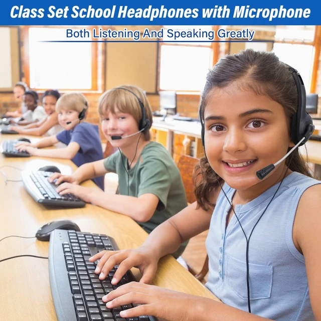 Alt view image 4 of 7 - 30 Pack Classroom Headphones with Mic, Black, Metal Stem School Student Headphones Bulk Class Set Lightweight Adjustable Earphones with Microphone on Ear with 3.5 mm Jack