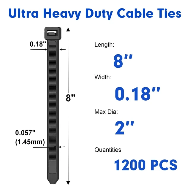 Alt view image 2 of 7 - Zip Ties, 1200pcs Black Cable Zip Ties 8 Inch, Heavy Duty Plastic Wire Ties with 50lb Tensile Strength, Self-Locking Black Nylon Tie Wraps for Indoor and Outdoor