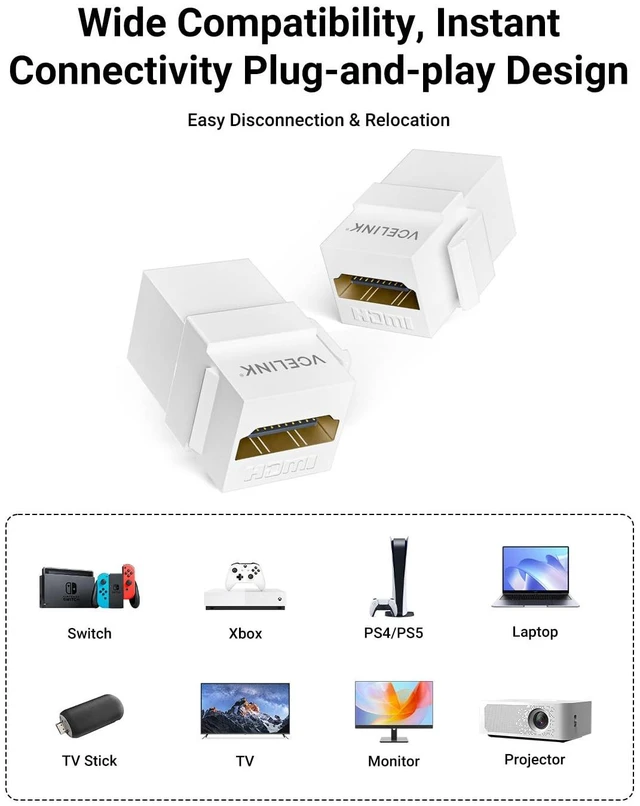 Alt view image 5 of 7 - 8K HDMI Keystone Jack, 4K 120Hz Support 48 Gbps High Speed, 10-Pack 8K 60Hz and 4K 120Hz Support, HDMI 2.1 Female to Female Gold Plated Adapters, Snap-in 180 Degree for Wall Plate
