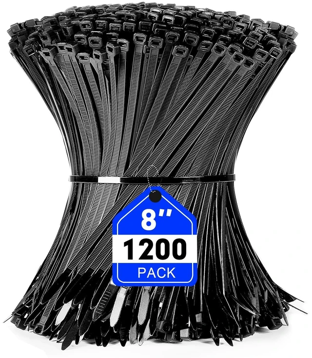 Main image of Zip Ties, 1200pcs Black Cable Zip Ties 8 Inch, Heavy Duty Plastic Wire Ties with 50lb Tensile Strength, Self-Locking Black Nylon Tie Wraps for Indoor and Outdoor