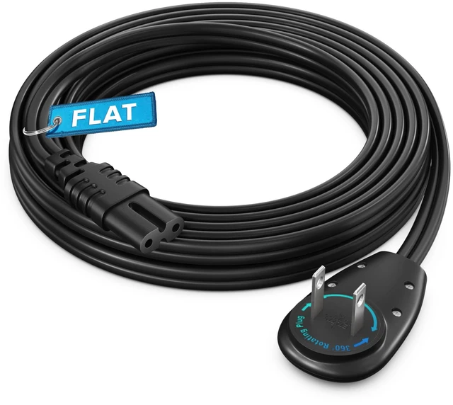 Main image of TV Power Cord 10 Ft, 2-Prong IEC C7, Black, 360 Rotating Flat Plug, UL Works with gaming consoles, speakers, printers, and all IEC C7-compatible electronics