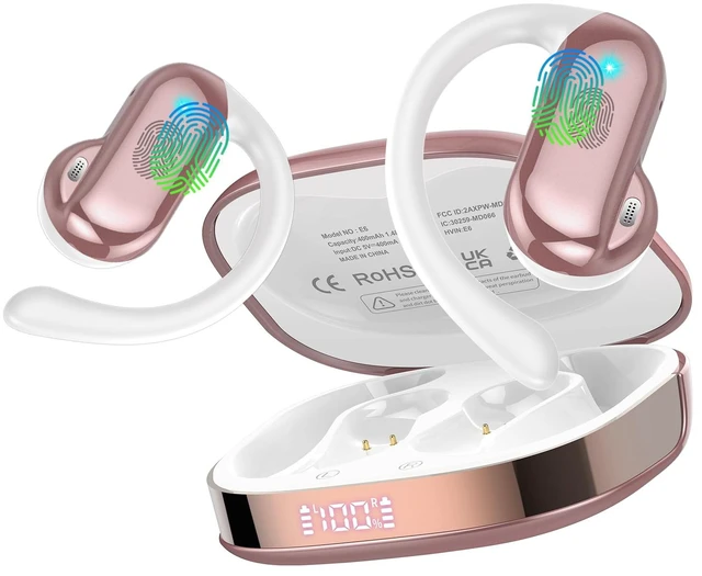 Main image of Open Ear Earbuds Wireless Bluetooth 5.4 HiFi Stereo Earbuds with Ear Hooks 32H Open Ear Headphones with ENC Noise Cancelling, IPX7 Waterproof Sport Over Earbuds for Running/Gym/Workout, Rose Pink