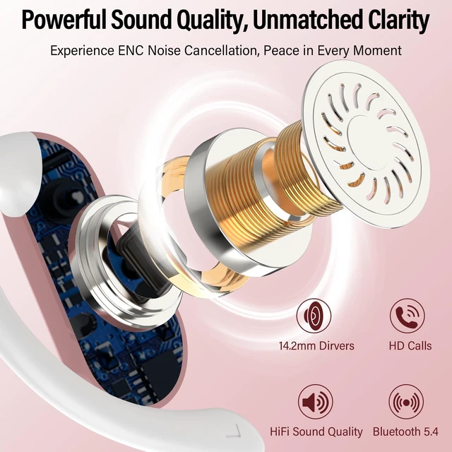 Alt view image 2 of 7 - Open Ear Earbuds Wireless Bluetooth 5.4 HiFi Stereo Earbuds with Ear Hooks 32H Open Ear Headphones with ENC Noise Cancelling, IPX7 Waterproof Sport Over Earbuds for Running/Gym/Workout, Rose Pink