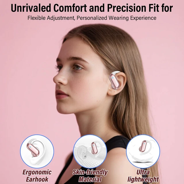 Alt view image 3 of 7 - Open Ear Earbuds Wireless Bluetooth 5.4 HiFi Stereo Earbuds with Ear Hooks 32H Open Ear Headphones with ENC Noise Cancelling, IPX7 Waterproof Sport Over Earbuds for Running/Gym/Workout, Rose Pink