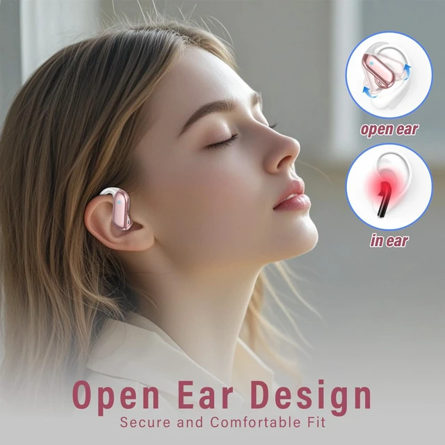 Alt view image 4 of 7 - Open Ear Earbuds Wireless Bluetooth 5.4 HiFi Stereo Earbuds with Ear Hooks 32H Open Ear Headphones with ENC Noise Cancelling, IPX7 Waterproof Sport Over Earbuds for Running/Gym/Workout, Rose Pink