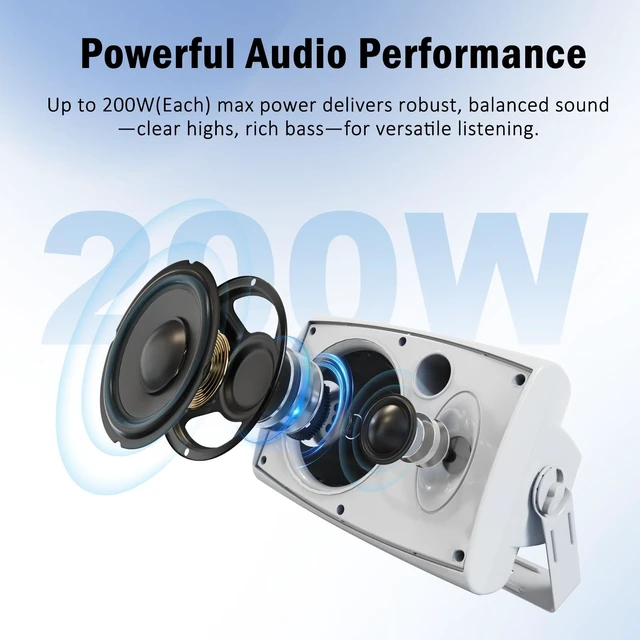 Alt view image 4 of 7 - 6.5 Inches Indoor Outdoor Bluetooth Speakers Waterproof Wired 400 Watts with Powerful Bass,2 Way Wall Mount Speakers All-Weather Durability for Patio Home Deck Porch Backyard (Pair, White)