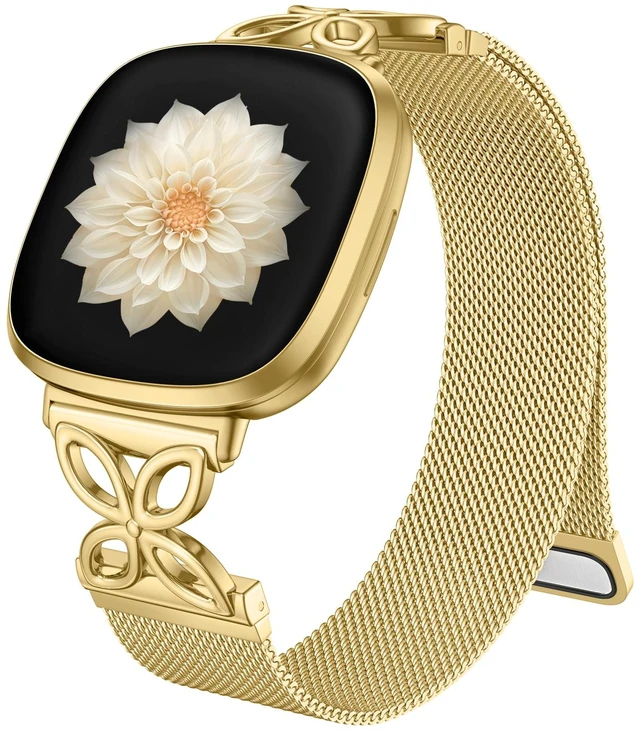 Main image of Metal Band Compatible with Fitbit Versa 4 Bands for Women/Fitbit Sense 2 Bands for Women, Floral Shape Stainless Steel Mesh Loop Strap Replacement for Fitbit Versa 4/Versa 3/Sense Smartwatch, Gold