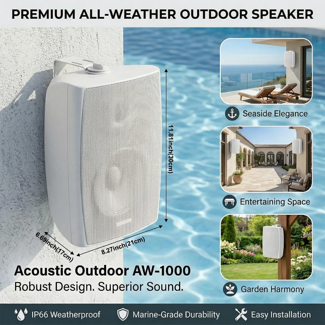 Alt view image 6 of 7 - 6.5 Inches Indoor Outdoor Bluetooth Speakers Waterproof Wired 400 Watts with Powerful Bass,2 Way Wall Mount Speakers All-Weather Durability for Patio Home Deck Porch Backyard (Pair, White)