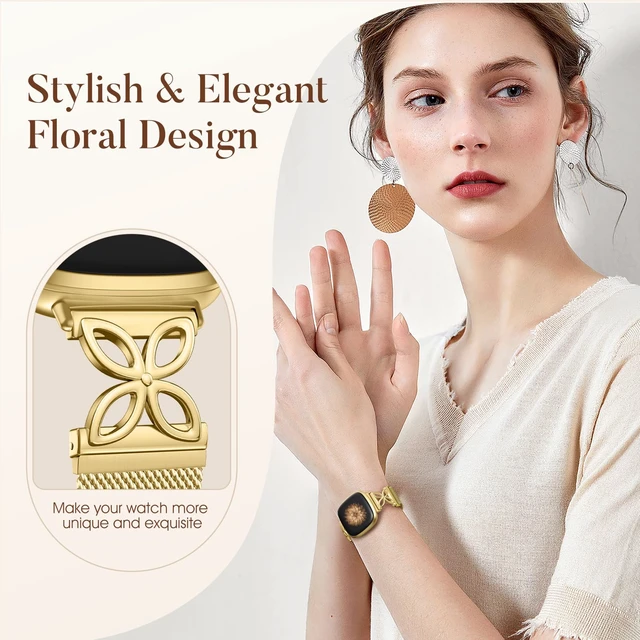 Alt view image 2 of 7 - Metal Band Compatible with Fitbit Versa 4 Bands for Women/Fitbit Sense 2 Bands for Women, Floral Shape Stainless Steel Mesh Loop Strap Replacement for Fitbit Versa 4/Versa 3/Sense Smartwatch, Gold
