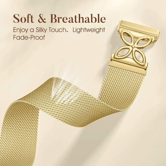 Alt view image 3 of 7 - Metal Band Compatible with Fitbit Versa 4 Bands for Women/Fitbit Sense 2 Bands for Women, Floral Shape Stainless Steel Mesh Loop Strap Replacement for Fitbit Versa 4/Versa 3/Sense Smartwatch, Gold