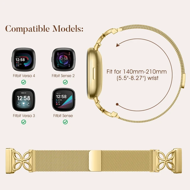 Alt view image 5 of 7 - Metal Band Compatible with Fitbit Versa 4 Bands for Women/Fitbit Sense 2 Bands for Women, Floral Shape Stainless Steel Mesh Loop Strap Replacement for Fitbit Versa 4/Versa 3/Sense Smartwatch, Gold