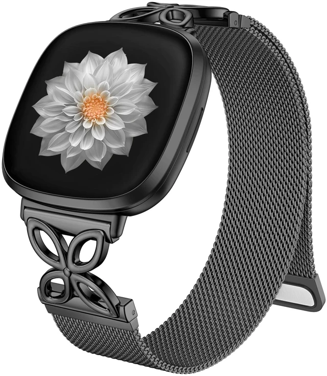 Main image of Floral Shape Metal Band Compatible with Fitbit Versa 4/Versa 3/Sense/Sense 2 Bands for Women Men, Mesh Straps Stainless Steel Sports Wristband for Fitbit Sense 2/Versa 4/Versa 3 Smartwatch, Black