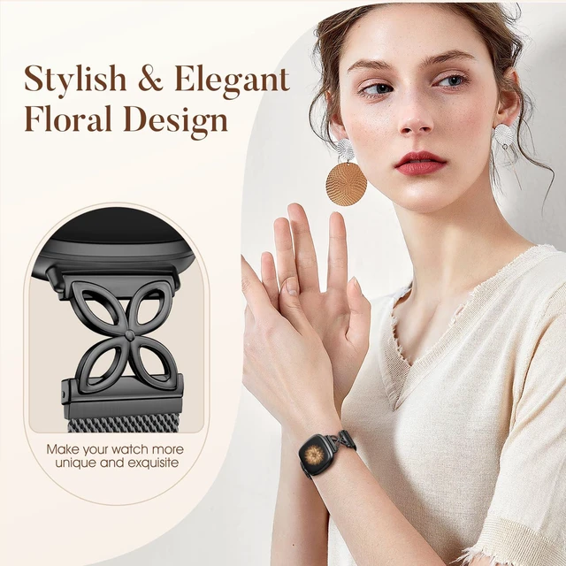Alt view image 2 of 7 - Floral Shape Metal Band Compatible with Fitbit Versa 4/Versa 3/Sense/Sense 2 Bands for Women Men, Mesh Straps Stainless Steel Sports Wristband for Fitbit Sense 2/Versa 4/Versa 3 Smartwatch, Black