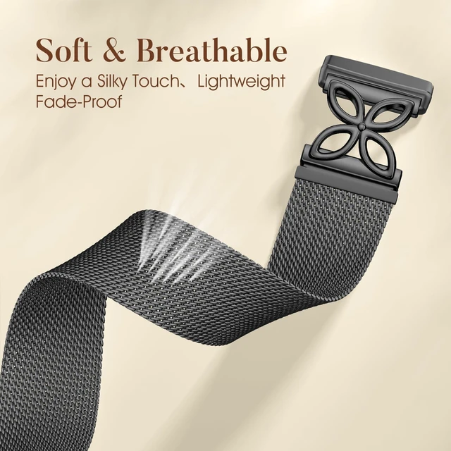 Alt view image 3 of 7 - Floral Shape Metal Band Compatible with Fitbit Versa 4/Versa 3/Sense/Sense 2 Bands for Women Men, Mesh Straps Stainless Steel Sports Wristband for Fitbit Sense 2/Versa 4/Versa 3 Smartwatch, Black