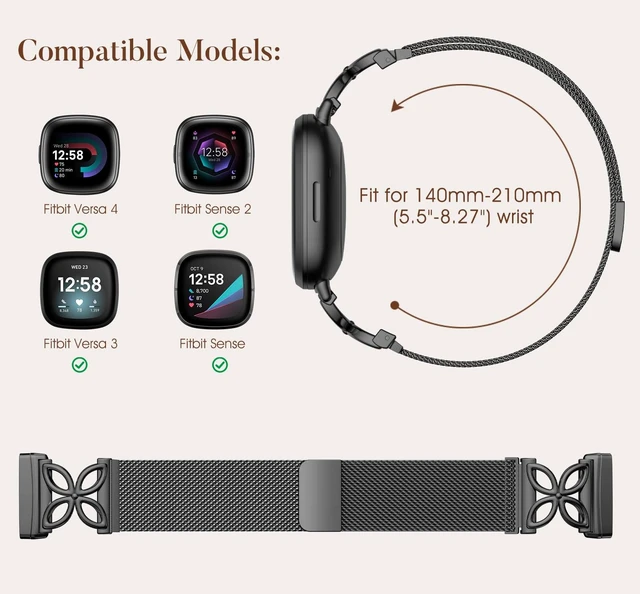Alt view image 5 of 7 - Floral Shape Metal Band Compatible with Fitbit Versa 4/Versa 3/Sense/Sense 2 Bands for Women Men, Mesh Straps Stainless Steel Sports Wristband for Fitbit Sense 2/Versa 4/Versa 3 Smartwatch, Black