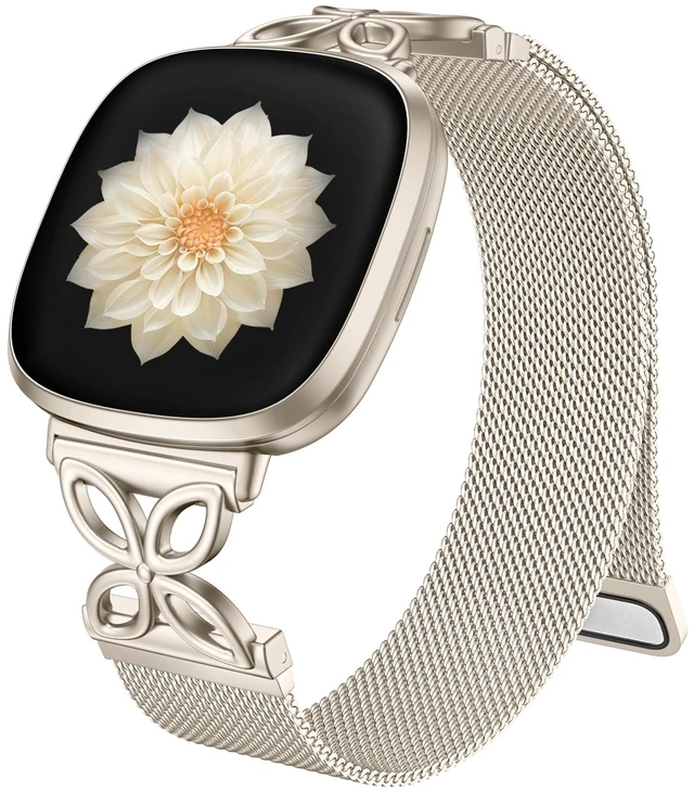 Main image of Metal Band Compatible with Fitbit Versa 4 Bands for Woman Men/Fitbit Sense 2 Bands, Soft Metal Solo Loop Strap Floral Shape Mesh Wristband for Fitbit Sense/Versa 4/Versa 3 Smartwatch, Starlight