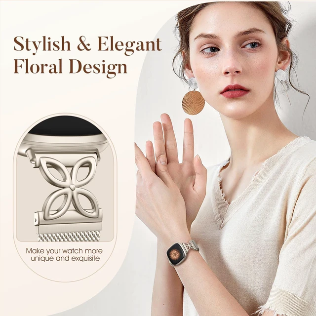 Alt view image 2 of 7 - Metal Band Compatible with Fitbit Versa 4 Bands for Woman Men/Fitbit Sense 2 Bands, Soft Metal Solo Loop Strap Floral Shape Mesh Wristband for Fitbit Sense/Versa 4/Versa 3 Smartwatch, Starlight
