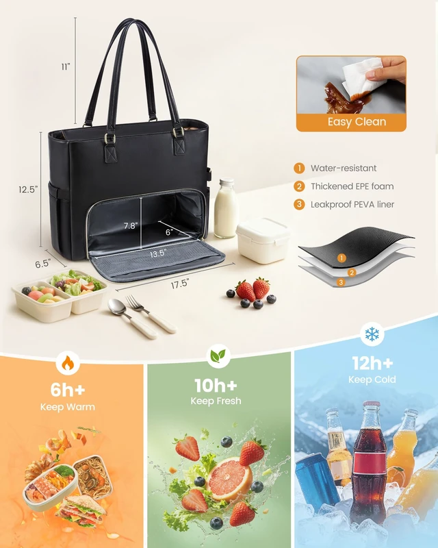 Alt view image 3 of 6 - Work Tote for Women15.6-Inch Teacher Bag with Lunch Compartment 14 Pockets PU Leather Laptop Tote with 40OZ Cup Holder, 3 in 1 Insulated Lunch Bag for Nurses, Office, Travel, Casual, Picnic
