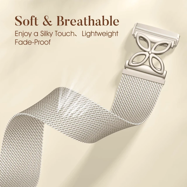 Alt view image 3 of 7 - Metal Band Compatible with Fitbit Versa 4 Bands for Woman Men/Fitbit Sense 2 Bands, Soft Metal Solo Loop Strap Floral Shape Mesh Wristband for Fitbit Sense/Versa 4/Versa 3 Smartwatch, Starlight