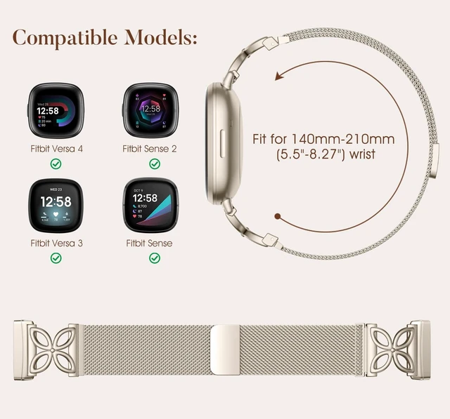 Alt view image 5 of 7 - Metal Band Compatible with Fitbit Versa 4 Bands for Woman Men/Fitbit Sense 2 Bands, Soft Metal Solo Loop Strap Floral Shape Mesh Wristband for Fitbit Sense/Versa 4/Versa 3 Smartwatch, Starlight