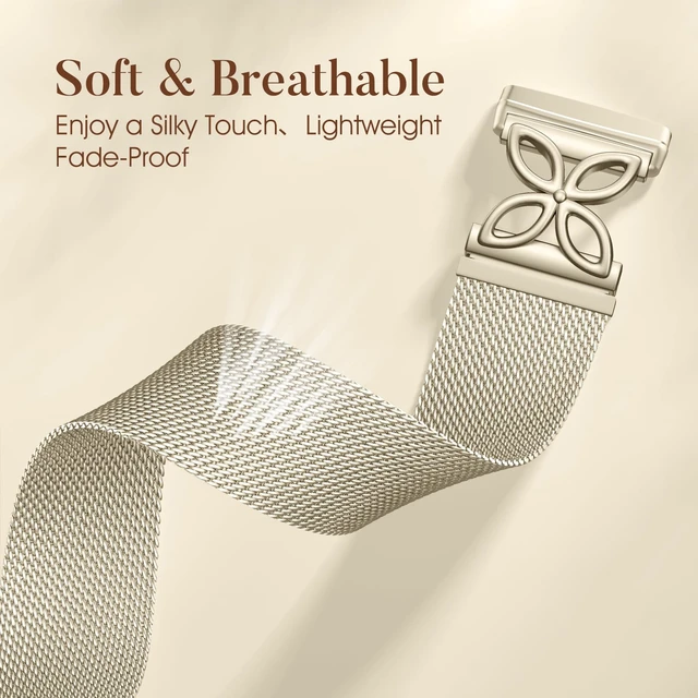 Alt view image 3 of 7 - Metal Bands Compatible with Fitbit versa 4 Bands for Woman Men/Fitbit Sense 2 Bands, Stainless Steel Soft Mesh Loop Strap Replacement for Fitbit Versa 3/Sense/Versa 4 Smartwatch, ChampagneGold