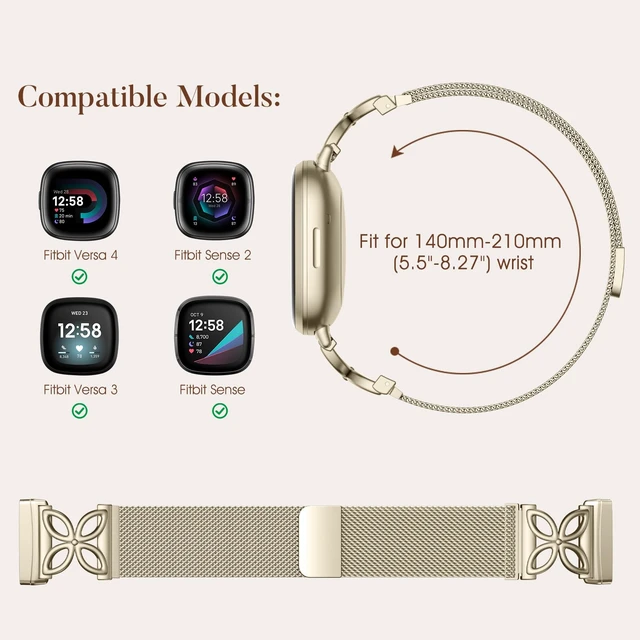 Alt view image 5 of 7 - Metal Bands Compatible with Fitbit versa 4 Bands for Woman Men/Fitbit Sense 2 Bands, Stainless Steel Soft Mesh Loop Strap Replacement for Fitbit Versa 3/Sense/Versa 4 Smartwatch, ChampagneGold