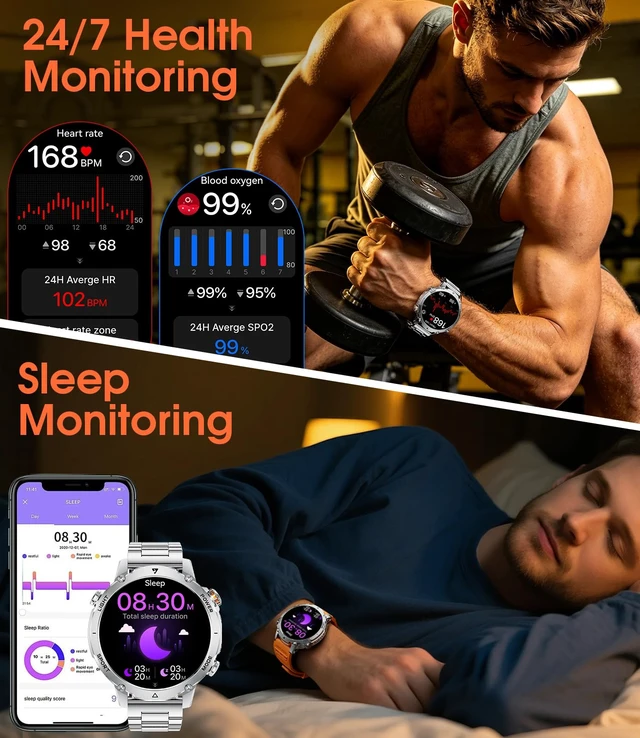 Alt view image 5 of 7 - Military Smart Watches for Men,1400mAh Battery Smart Watch with Flashlight,1.7" HD Screen 5ATM Waterproof Fitness Tracker Smartwatch with 110+ Sport Modes,for iOS Android(2 Bands/Silver)