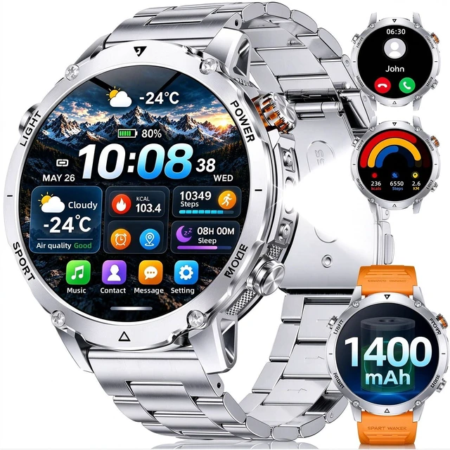 Main image of Military Smart Watches for Men,1400mAh Battery Smart Watch with Flashlight,1.7" HD Screen 5ATM Waterproof Fitness Tracker Smartwatch with 110+ Sport Modes,for iOS Android(2 Bands/Silver)