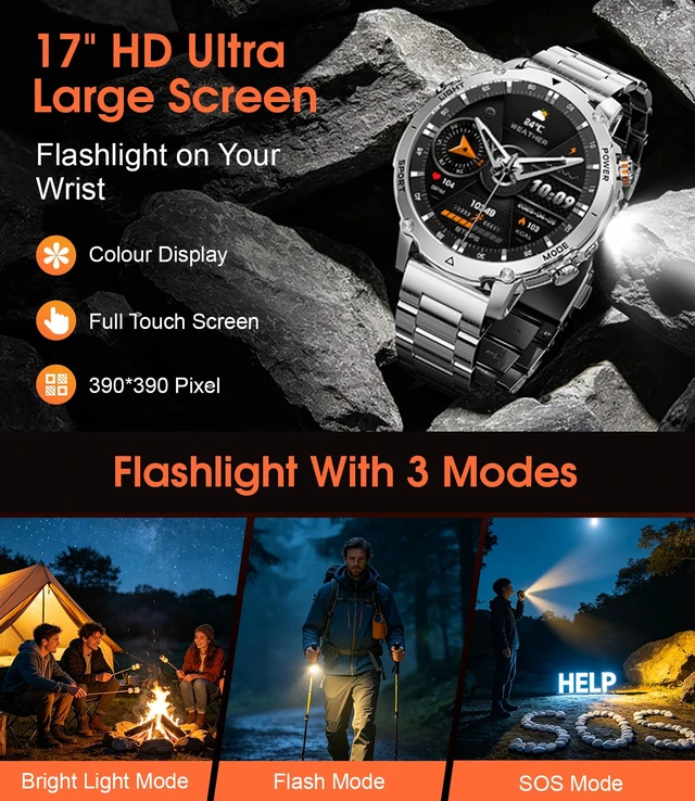 Alt view image 3 of 7 - Military Smart Watches for Men,1400mAh Battery Smart Watch with Flashlight,1.7" HD Screen 5ATM Waterproof Fitness Tracker Smartwatch with 110+ Sport Modes,for iOS Android(2 Bands/Silver)