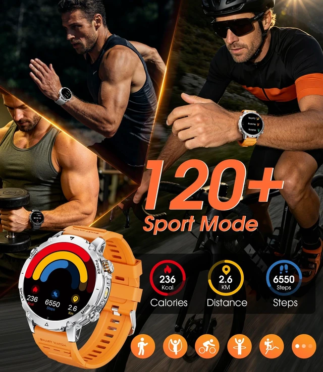 Alt view image 6 of 7 - Military Smart Watches for Men,1400mAh Battery Smart Watch with Flashlight,1.7" HD Screen 5ATM Waterproof Fitness Tracker Smartwatch with 110+ Sport Modes,for iOS Android(2 Bands/Silver)