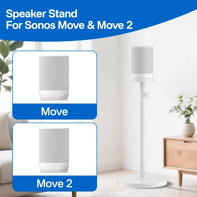 Alt view image 2 of 6 - 2 Pack Height-Adjustable Speaker Stand for Sonos Move Stand, Heavy-Duty Floor Stand for Sonos Move & Move 2 with Concealed Power Cord Design, Easy Installation, White