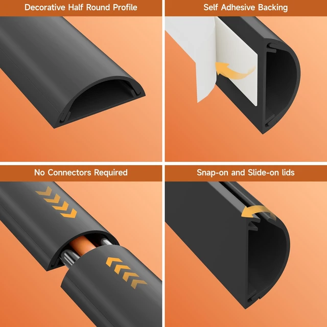Alt view image 3 of 7 - 85in Adhesive Cord Hider Wall, Mounted TV Cord Cover Kit, Multiple Cable Raceways for Wall Corner, Wire Cover Hiders for 2-3 Cables, 1.57" W X 0.59" H, Black
