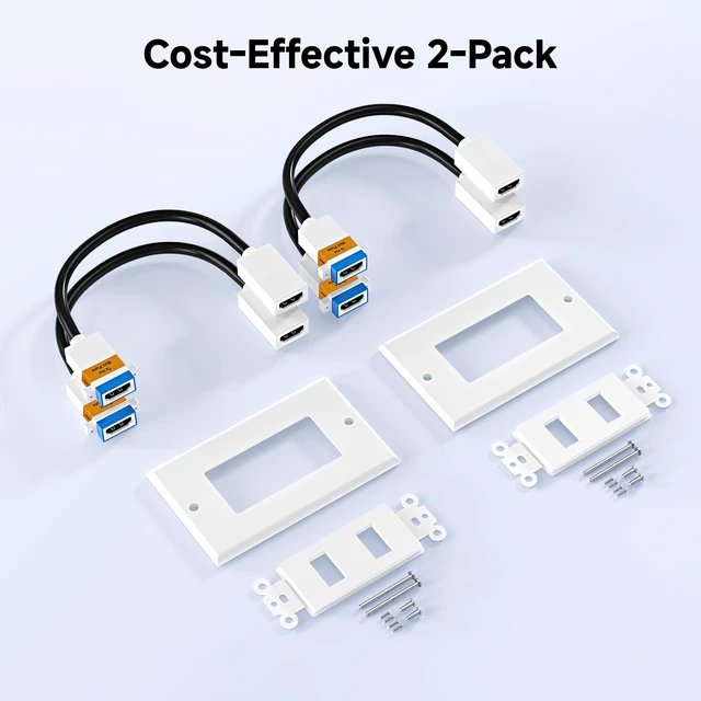 Alt view image 7 of 7 - 2-Pack 2-Port 8K HDMI Wall Plate, White 8K@60Hz, 4K@120Hz, VRR, ALLM, HDR, HDCP 2.3, HDMI Wall Outlet