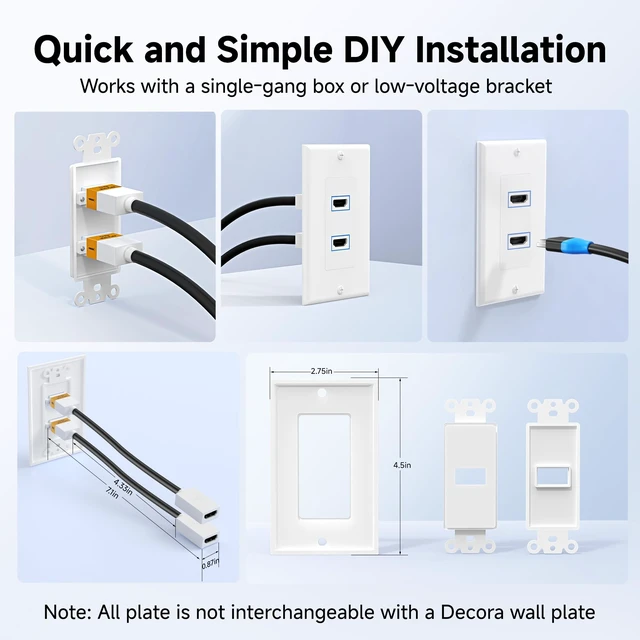 Alt view image 5 of 7 - 2-Pack 2-Port 8K HDMI Wall Plate, White 8K@60Hz, 4K@120Hz, VRR, ALLM, HDR, HDCP 2.3, HDMI Wall Outlet