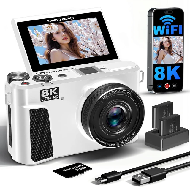 Main image of 8K Digital Camera for Photography,88MP Vlogging Camera for YouTube(White) 3" 180° Flip Screen,Autofocus,Compact Camera with 18X Digital Zoom,Flash,32GB TF Card & 2 Batteries