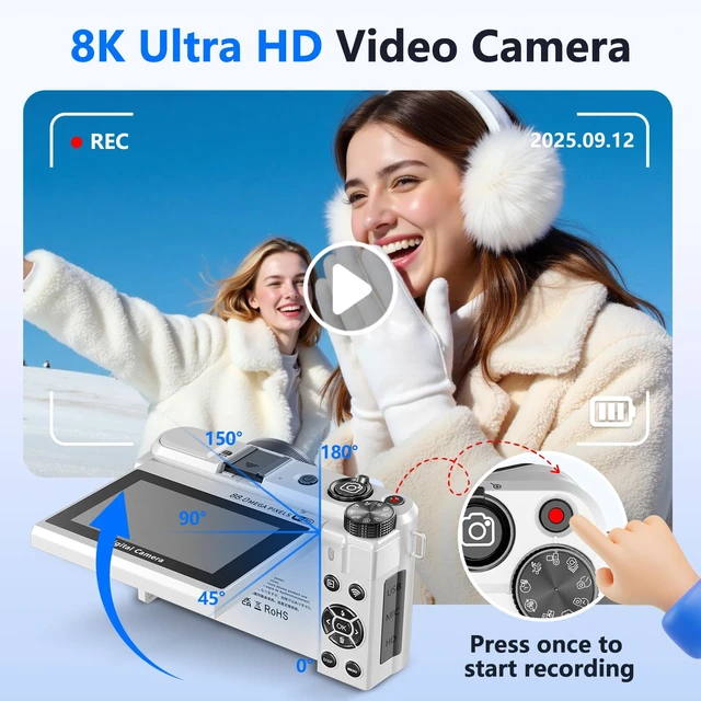 Alt view image 2 of 7 - 8K Digital Camera for Photography,88MP Vlogging Camera for YouTube(White) 3" 180° Flip Screen,Autofocus,Compact Camera with 18X Digital Zoom,Flash,32GB TF Card & 2 Batteries