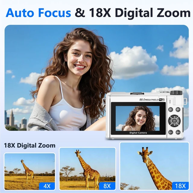 Alt view image 3 of 7 - 8K Digital Camera for Photography,88MP Vlogging Camera for YouTube(White) 3" 180° Flip Screen,Autofocus,Compact Camera with 18X Digital Zoom,Flash,32GB TF Card & 2 Batteries