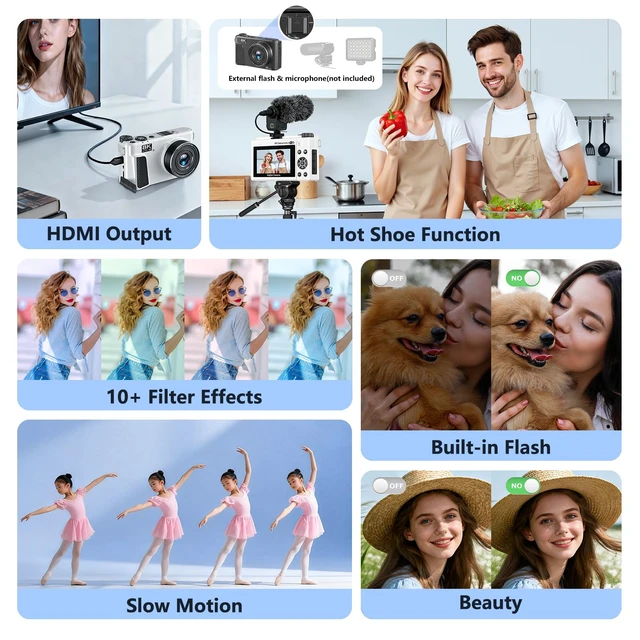 Alt view image 5 of 7 - 8K Digital Camera for Photography,88MP Vlogging Camera for YouTube(White) 3" 180° Flip Screen,Autofocus,Compact Camera with 18X Digital Zoom,Flash,32GB TF Card & 2 Batteries