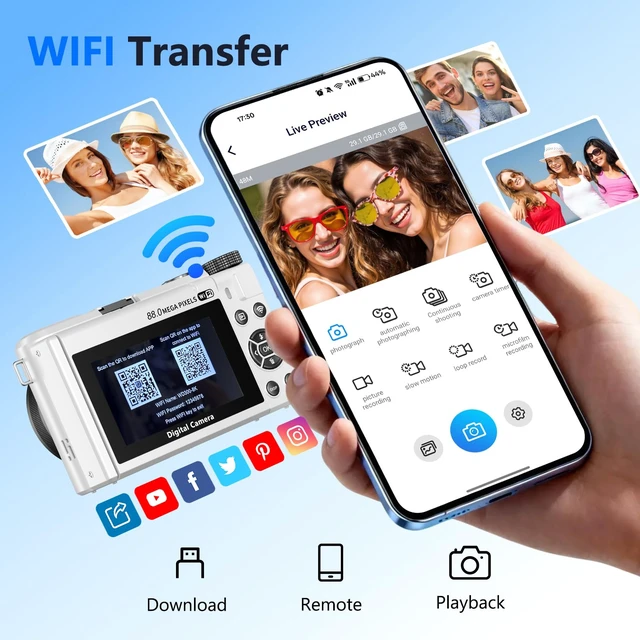 Alt view image 6 of 7 - 8K Digital Camera for Photography,88MP Vlogging Camera for YouTube(White) 3" 180° Flip Screen,Autofocus,Compact Camera with 18X Digital Zoom,Flash,32GB TF Card & 2 Batteries