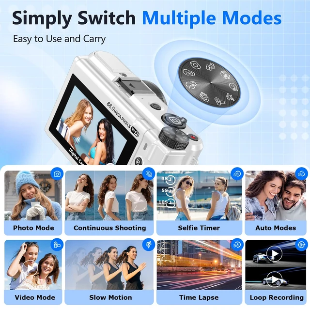Alt view image 7 of 7 - 8K Digital Camera for Photography,88MP Vlogging Camera for YouTube(White) 3" 180° Flip Screen,Autofocus,Compact Camera with 18X Digital Zoom,Flash,32GB TF Card & 2 Batteries