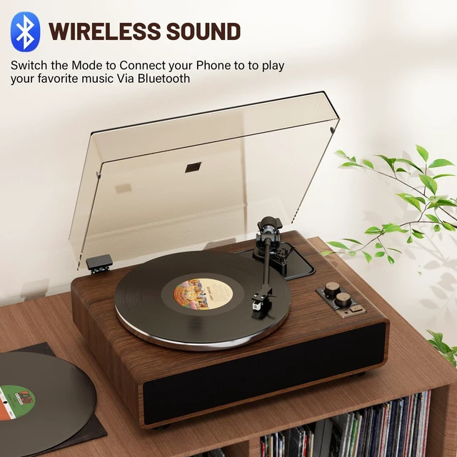 Alt view image 2 of 7 - Vinyl Record Player with Magnetic Cartridge and Built-in Speakers Belt-drive turntable with 33/45 RPM playback, Bluetooth playback, aux input, adjustable counterweight,auto off