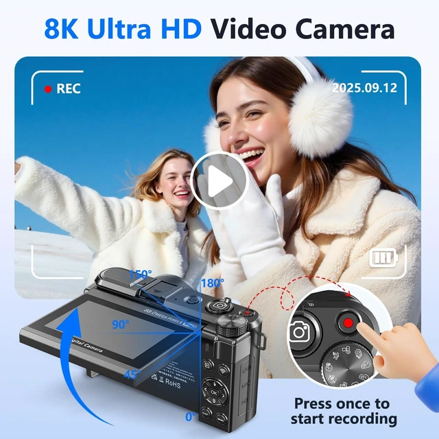 Alt view image 2 of 7 - 8K Digital Camera for Photography,88MP HD WiFi Vlogging Camera for YouTube 3" 180° Flip Screen,Autofocus,Compact Camera with 18X Digital Zoom,Flash,32GB TF Card & 2 Batteries(Gunmetal)