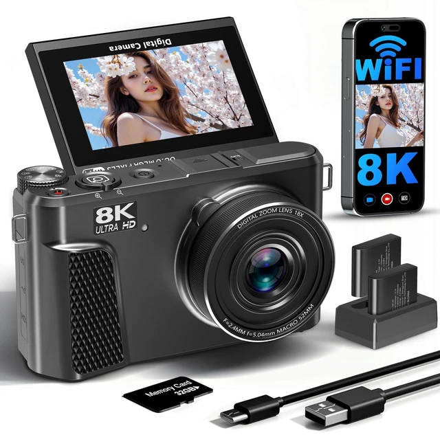 Main image of 8K Digital Camera for Photography,88MP HD WiFi Vlogging Camera for YouTube 3" 180° Flip Screen,Autofocus,Compact Camera with 18X Digital Zoom,Flash,32GB TF Card & 2 Batteries(Gunmetal)