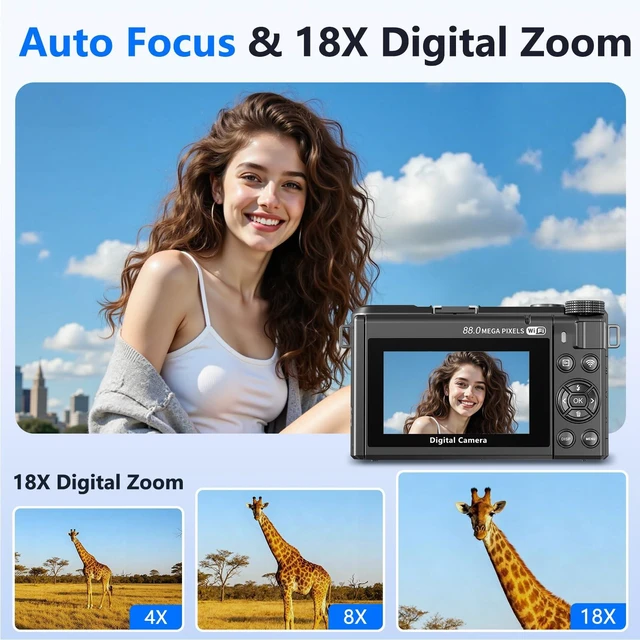 Alt view image 3 of 7 - 8K Digital Camera for Photography,88MP HD WiFi Vlogging Camera for YouTube 3" 180° Flip Screen,Autofocus,Compact Camera with 18X Digital Zoom,Flash,32GB TF Card & 2 Batteries(Gunmetal)