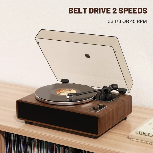 Alt view image 3 of 7 - Vinyl Record Player with Magnetic Cartridge and Built-in Speakers Belt-drive turntable with 33/45 RPM playback, Bluetooth playback, aux input, adjustable counterweight,auto off