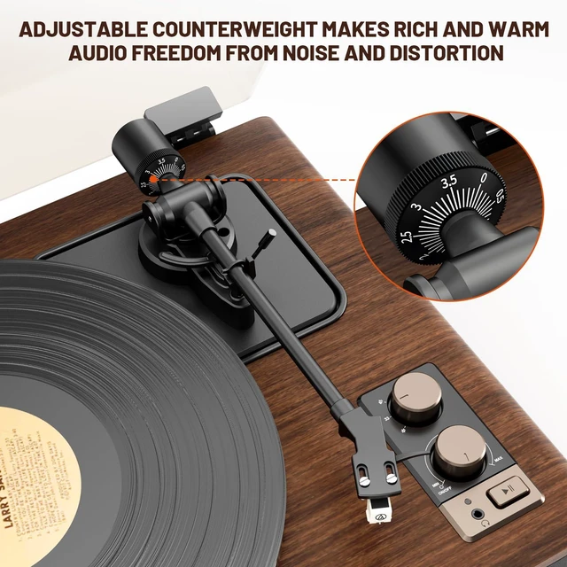 Alt view image 5 of 7 - Vinyl Record Player with Magnetic Cartridge and Built-in Speakers Belt-drive turntable with 33/45 RPM playback, Bluetooth playback, aux input, adjustable counterweight,auto off