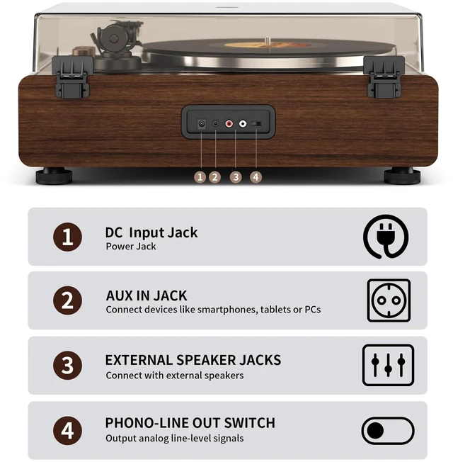 Alt view image 6 of 7 - Vinyl Record Player with Magnetic Cartridge and Built-in Speakers Belt-drive turntable with 33/45 RPM playback, Bluetooth playback, aux input, adjustable counterweight,auto off